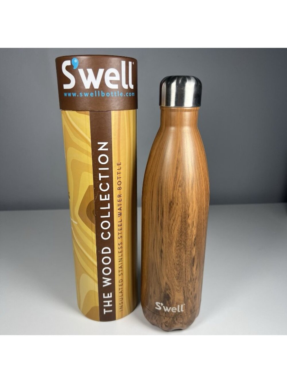 S’well Teakwood 25 oz Water Bottle Wood Collection Hand Painted w/ Box Brown New